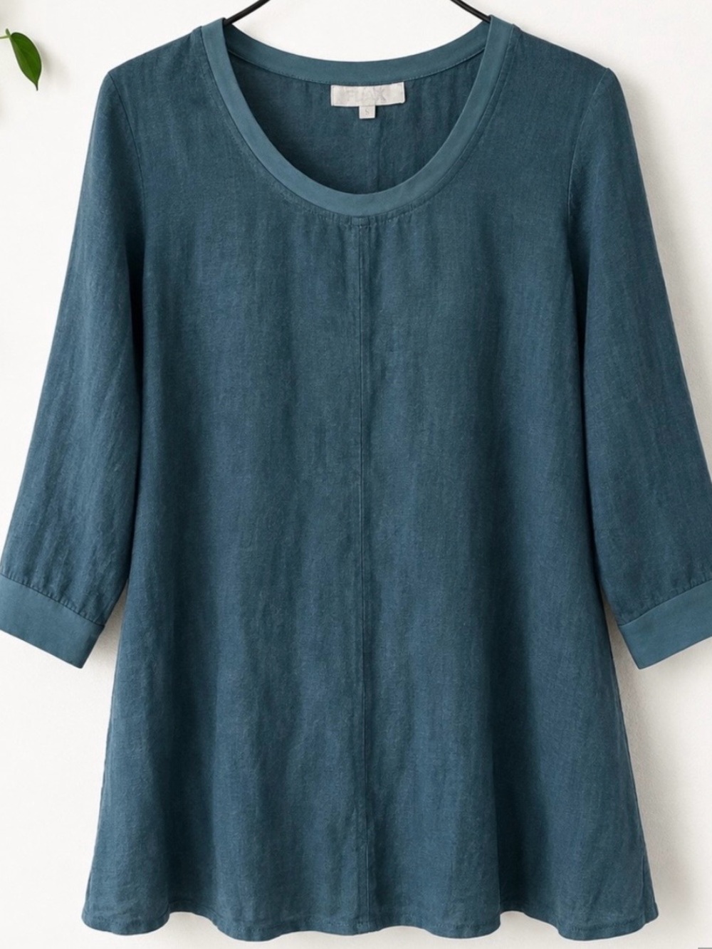 Flax 100% Blue Tunic Top 3/4 Sleeve Cotton Spandex Trim